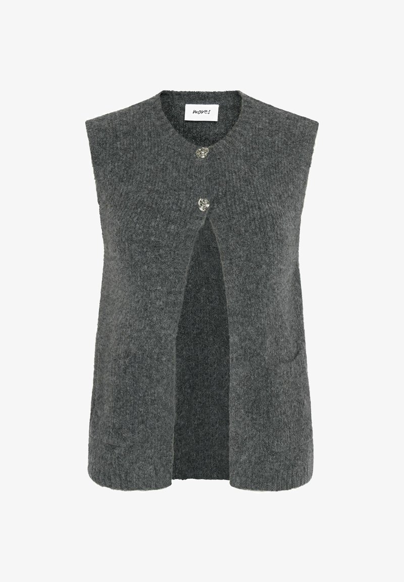 Hallide hall vest, millel pole varrukasid, nuppude kinnitusega ja avatud ees. Pehme tekstuur ja veidi struktureeritud kuju.
