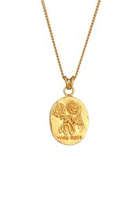 Guldkedja med en oval hänge med präglad design av vildros och texten "WILD ROSE". Kedjan har en tvinnad struktur.