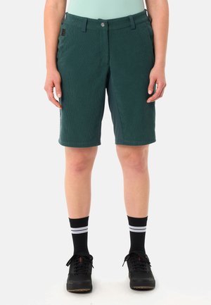 Person trägt dunkelgrüne knielange Shorts, schwarze Turnschuhe und schwarze Socken mit zwei weißen Streifen, steht vor weißem Hintergrund.