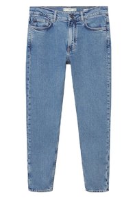 Jean bleu taille haute, coupe slim, avec bouton et fermeture éclair à l'avant, cinq poches et passants de ceinture.