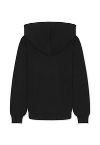 Felpa nera con un grande cappuccio, polsini a costine e orlo a costine. Il tessuto appare morbido e presenta un design semplice senza motivi.