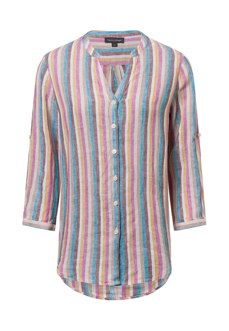 Gestreiftes Hemd mit Knopfleiste und Dreiviertelärmel. Es hat mehrfarbige vertikale Streifen in Pink, Blau, Gelb und Braun. Leichter Stoff.