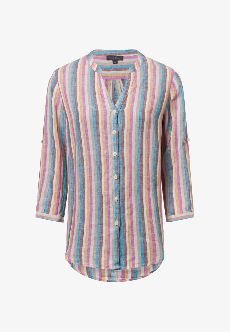 Gestreiftes Hemd mit Knopfleiste und Dreiviertelärmel. Es hat mehrfarbige vertikale Streifen in Pink, Blau, Gelb und Braun. Leichter Stoff.