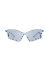 Kattöjda solglasögon med silvermetallramar, grå linser och en distinkt vågig kantdesign. Lätta med smala glasögonbågar.