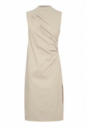 Beige sleeveless dress with gathered draping at the waist, featuring a high neck and side slit. Made from soft, smooth fabric.