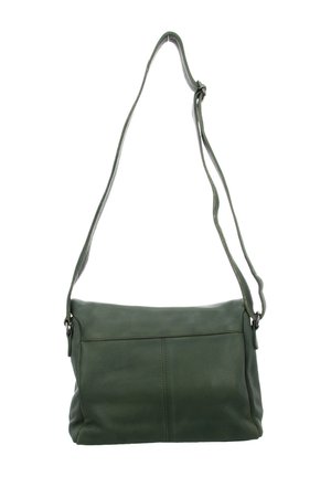 Dark green leather shoulder bag with adjustable strap and visible stitching, displayed against a white background.