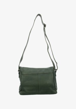 Dunkelgrüne Lederschultertasche mit verstellbarem Riemen und sichtbaren Nähten, vor weißem Hintergrund präsentiert.