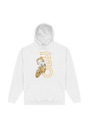 Hvid hoodie med et grafisk print af en tegneseriefigur, der kører på motorcykel med gule accenter og tallet "1980" i fed skrift.