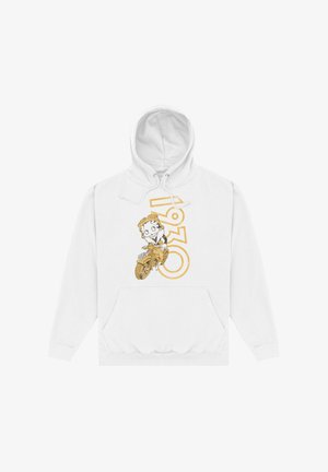 Witte hoodie met een grafische print van een cartoonfiguur die op een motorfiets rijdt, met gele accenten en het nummer "1980" in een vet lettertype.