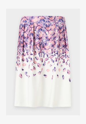 Λευκή φούστα με ροζ και μοβ λουλουδένιο μοτίβο συγκεντρωμένο στη μέση, που ξεθωριάζει σε διάσπαρτα πέταλα προς το τελείωμα.