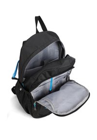 Zaino nero con esterno texturizzato, dotato di numerosi scomparti, fodera grigia e dettagli in cerniera blu per un facile accesso.