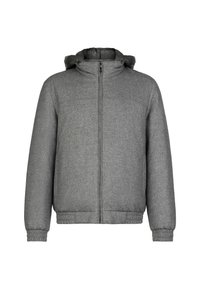 Graue Zip-Jacke aus strukturiertem Stoff, mit Kapuze, elastischen Bündchen und Saum. Glattes Futter ist im Kapuzenbereich sichtbar. Einfaches Design und Schnitt.