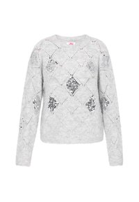 Grijze gebreide trui met een ruitpatroon, versierd met pailletten. Bevat lange mouwen en een ronde halslijn, gemaakt van zacht materiaal.