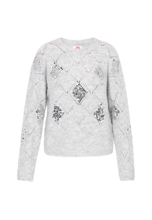 Szürke kötött pulóver, gyémántmintával, flitterekkel díszítve. Hosszú ujjakkal és kerek nyakkivágással rendelkezik, puha anyagból készült.