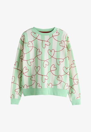 Lysegrøn sweatshirt med røde hjerteprint og detaljer i striber. Ribbet halsudskæring og manchetter, blød stofstruktur, afslappet pasform.