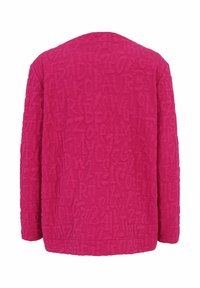 Fuchsia textured jacket with raised letter pattern, long sleeves, and a relaxed fit. Smooth fabric with a solid, vivid color.