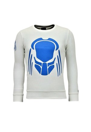 Wit shirt met lange mouwen met groot blauw futuristisch helmontwerp op de borst en een kleiner bijpassend ontwerp op de bovenste linkermouw.