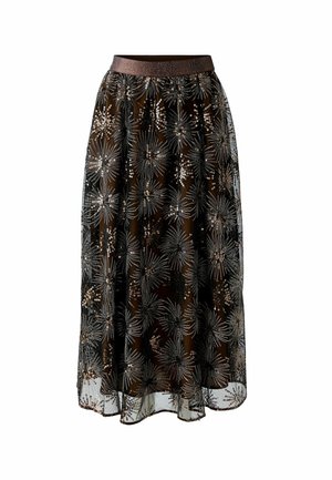 Maxi-Rock aus durchscheinendem schwarzem Stoff mit metallischer floralem Stickerei und Pailletten, ausgestattet mit einem breiten, glitzernden Bund.