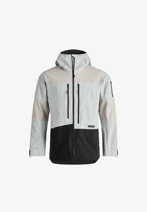 Men's jacket featuring a color-block design in light gray, beige, and black, made from lightweight material with zippered pockets and adjustable hood.