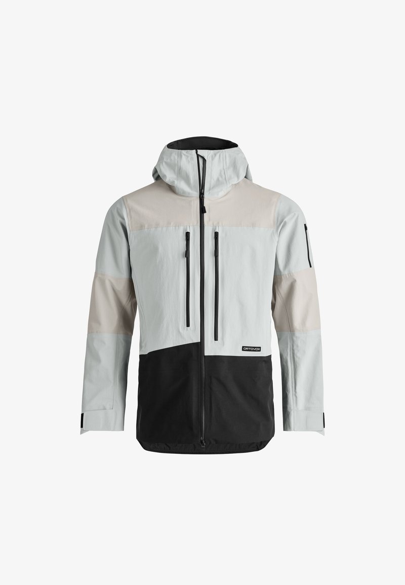 Men's jacket featuring a color-block design in light gray, beige, and black, made from lightweight material with zippered pockets and adjustable hood.