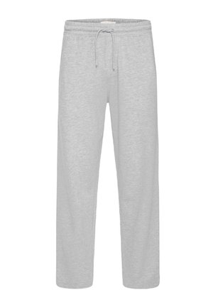 Pelēkas svītrainas bikses ar auklu jostasvietā, taisnstūra kāju dizains, mīksta tekstūra, bez redzamiem rakstiem vai akcentiem.
