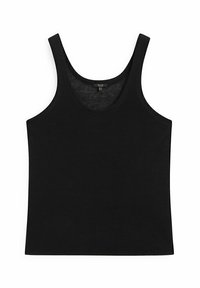 Débardeur noir sans manches avec encolure dégagée, en tissu léger, présenté à plat sur un fond blanc.