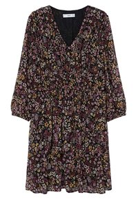 Robe noire à fleurs avec un décolleté en V et des manches trois-quarts, présentant une taille froncée et un mélange de fleurs roses, jaunes et blanches.