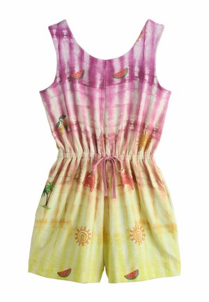 Ujjatlan, batikolt kezeslábas rózsaszín és sárga árnyalatokkal, elasztikus derékrésszel, húzózsinórral, valamint dinnyék, napok, pálmafák, rákok és citromok mintáival.