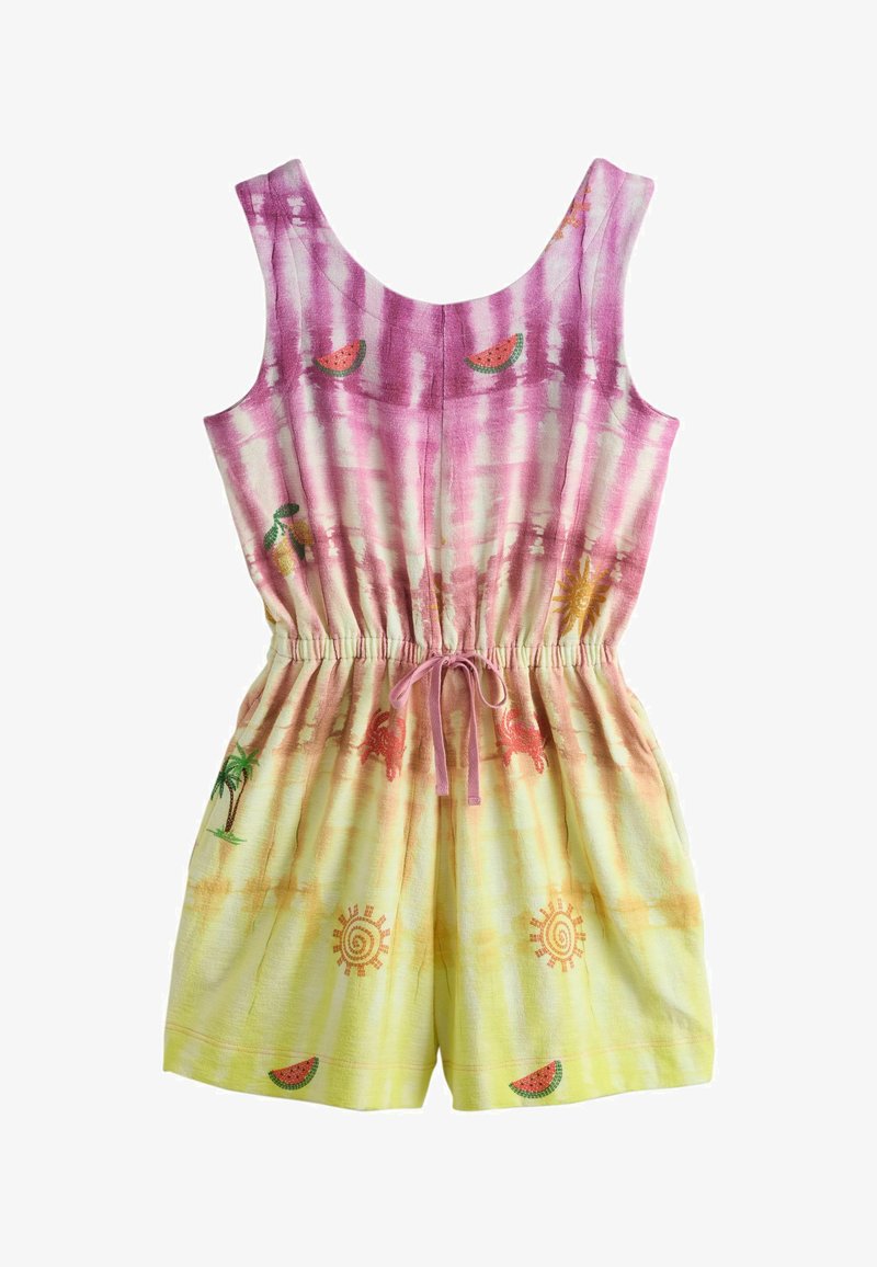 Combinaison sans manches tie-dye avec des teintes roses et jaunes, taille élastique, cordon de serrage, et imprimés de pastèques, soleils, palmiers, crabes, et citrons.