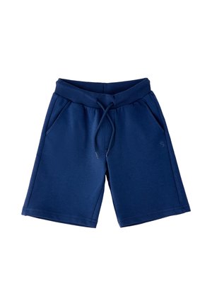 Pantalones cortos casuales azul marino con cintura elástica, cordón y bolsillos laterales, mostrados sobre un fondo blanco.