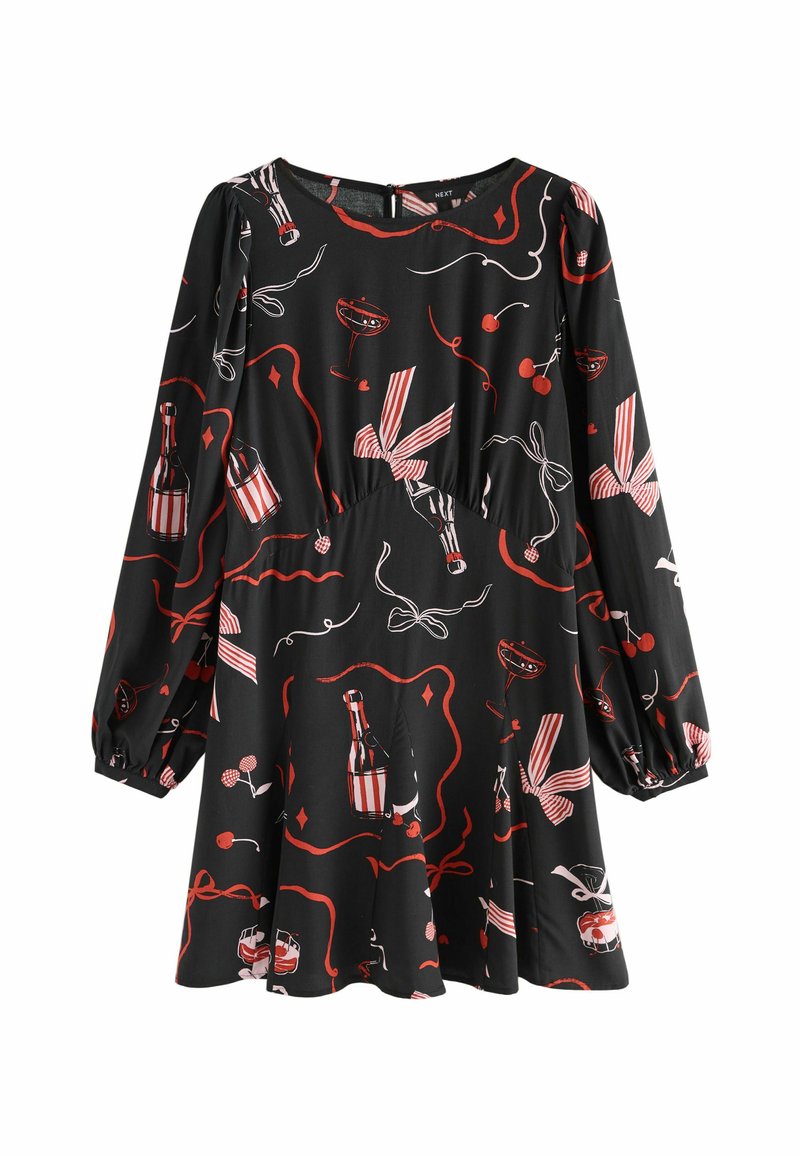 Vestito nero con una stampa giocosa di bicchieri di vino, bottiglie, ciliegie e fiocchi in rosso e bianco. Maniche lunghe con polsini elasticizzati.