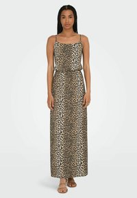 Maxi haljina od lagane tkanine s leopard uzorkom, s prilagodbom na dekolteu, podesivim trakama i cinčanim pojasom.