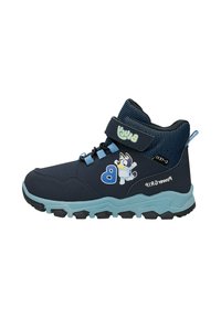 Granatowe buty trekkingowe z teksturowanym wierzchem, rzepem, jasnoniebieskimi akcentami i wzorem z postacią z kreskówki po boku. Gumowa podeszwa z dobrą przyczepnością.