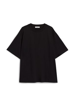 Black cotton t-shirt with a relaxed fit, short sleeves, round neckline, and a smooth texture. No patterns or accents.