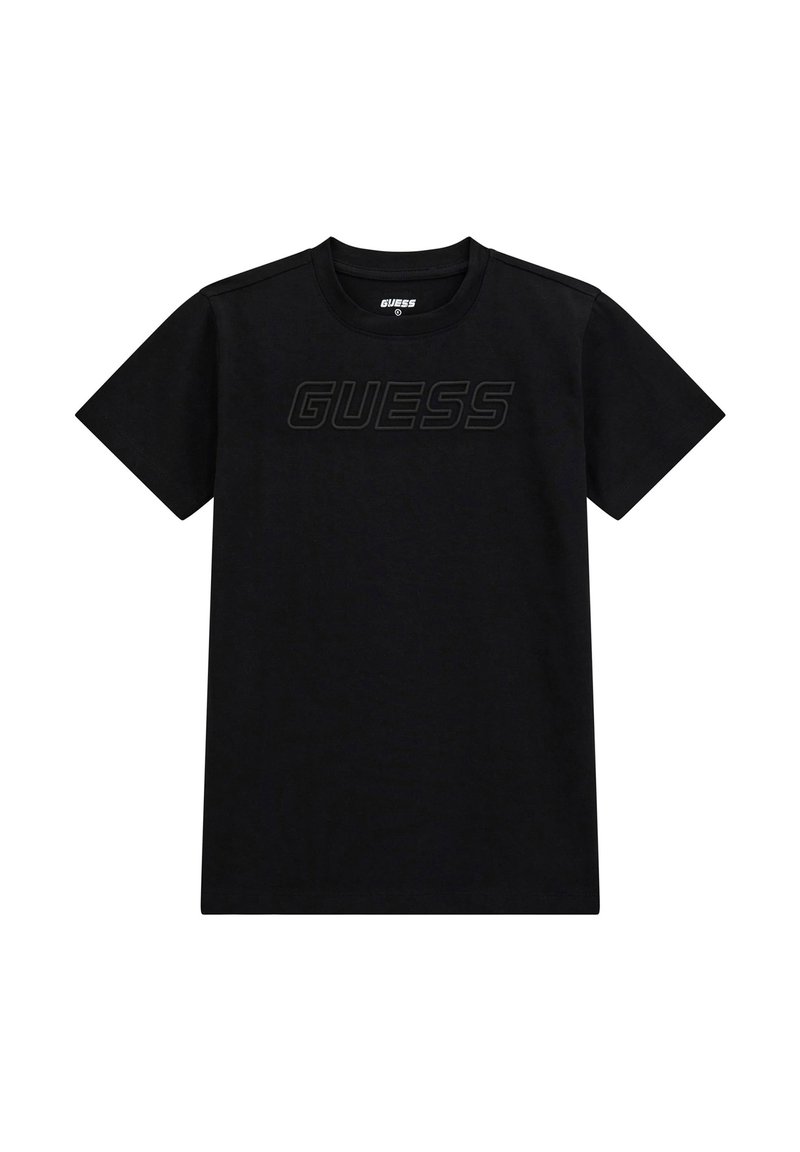 Svart bomullströja med korta ärmar och rundad halsringning. Har en upphöjd svart logotext "GUESS" på framsidan. Enkelt design, inga mönster.