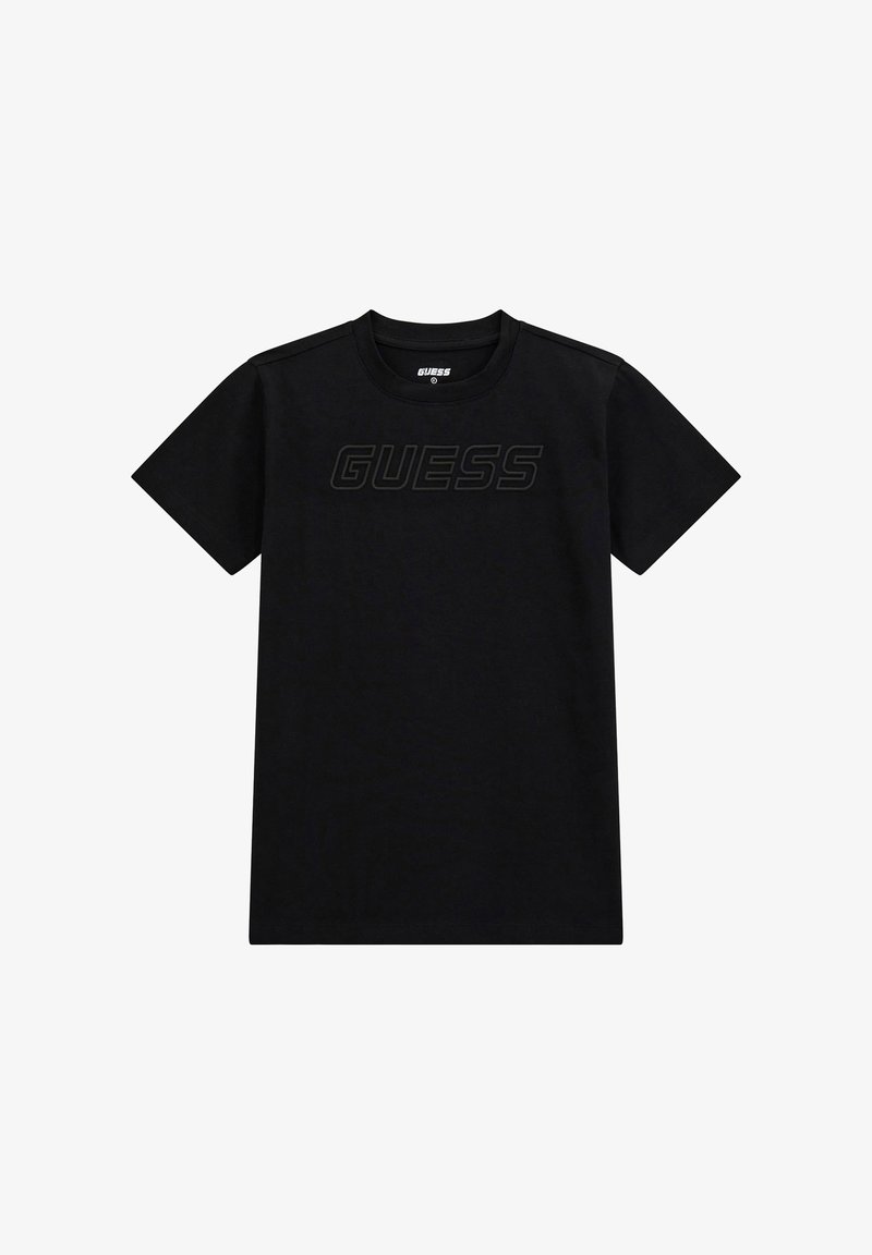 Schwarzes Baumwoll-T-Shirt mit kurzen Ärmeln und Rundhalsausschnitt. Auf der Vorderseite befindet sich ein erhabenes schwarzes Logo mit dem Text "GUESS". Einfaches Design, ohne Muster.