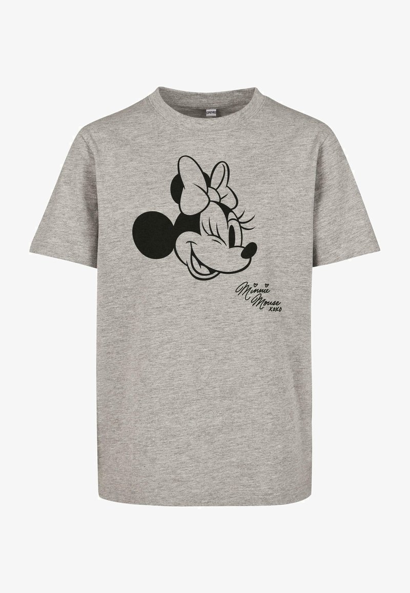 Grå bomulls t-skjorte med svart trykk av en smilende muskarakter med sløyfe, ledsaget av teksten "Minnie Mouse xoxo."