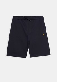 Námořnické modré bavlněné šortky s elastickým pasem, stahovací šňůrkou a malým žlutým ptáčkem na levé straně. Pohodlný design, délka ke kolenům.