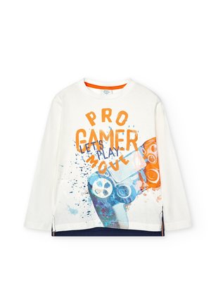 Chemise blanche à manches longues avec un graphisme coloré d'une manette de jeu et le texte « PRO GAMER LET'S PLAY MOVE » sur le devant.