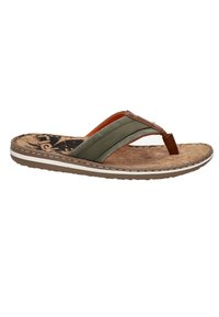 Green canvas strap sandals with brown leather accents, cork footbed, and rubber sole. Features a toe post design and white stitching.
