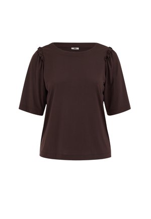 Blusa marrone scuro a maniche corte con dettagli arricciati sulle spalle e scollatura rotonda, mostrata su sfondo bianco.