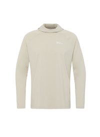 Haut beige clair à manches longues avec un col montant et un détail de logo. Fabriqué en tissu lisse et extensible. Présente des manches raglan pour plus de confort.