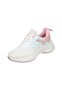 Zapatilla deportiva blanca y rosa pastel con cierre de cordones, parte superior de malla, suela acolchada y patrones decorativos en rosa en los laterales y el talón.