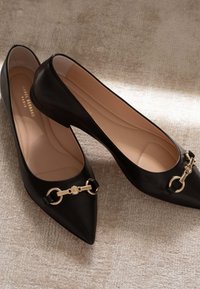 Zwarte leren ballerina's met puntige neuzen, voorzien van gouden hardware-accenten en een subtiele, gestructureerde afwerking. De binnenkant is beige.