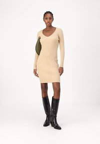 Abito a maglia rigata beige con scollatura a V, silhouette aderente e maniche lunghe. Abbinato a stivali neri al ginocchio con texture coccodrillo e borsa verde.