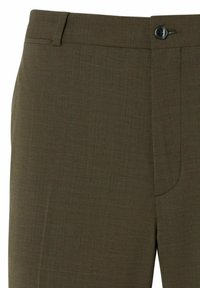 Olijfgroene broek van een gestructureerde stof, met een rechte taille, standaard tailleband en een enkele knoopsluiting.