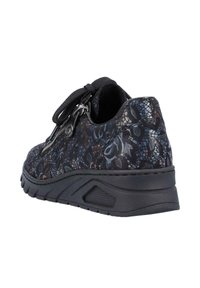 Black sneaker with floral lace pattern, textured fabric, elastic laces, and a black rubber sole. Zipper detail adds functional accent.