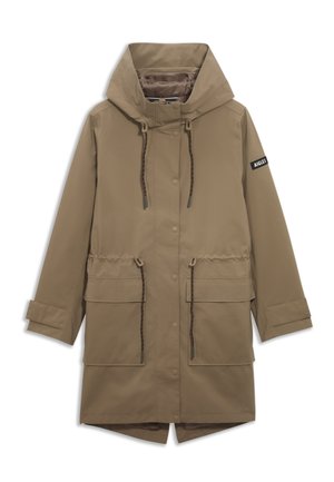 Parka imperméable marron avec une grande capuche, cordons de serrage, deux poches avant et un écusson logo sur la manche. Conception légère et de longueur intermédiaire.