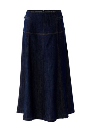 Dark blue denim A-line skirt with visible orange stitching, side buckle details, and a back zipper closure.