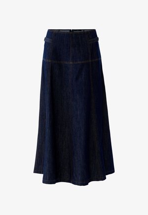 Jupe trapèze en denim bleu foncé avec coutures orange visibles, détails de boucle latéraux et fermeture éclair au dos.